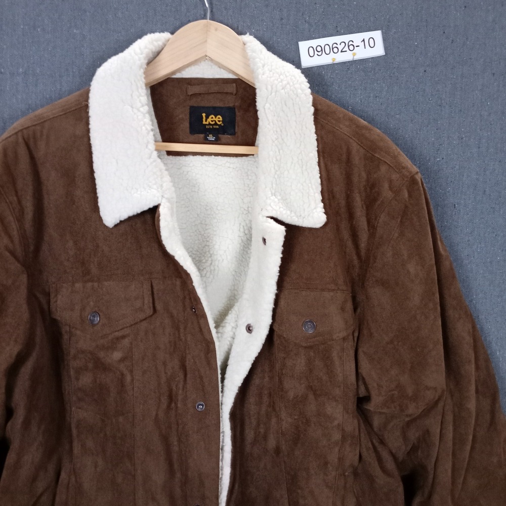 Lee Mens XL Faux Suede Sherpa Lined Trucker Jacket Brown Snap Front Coat